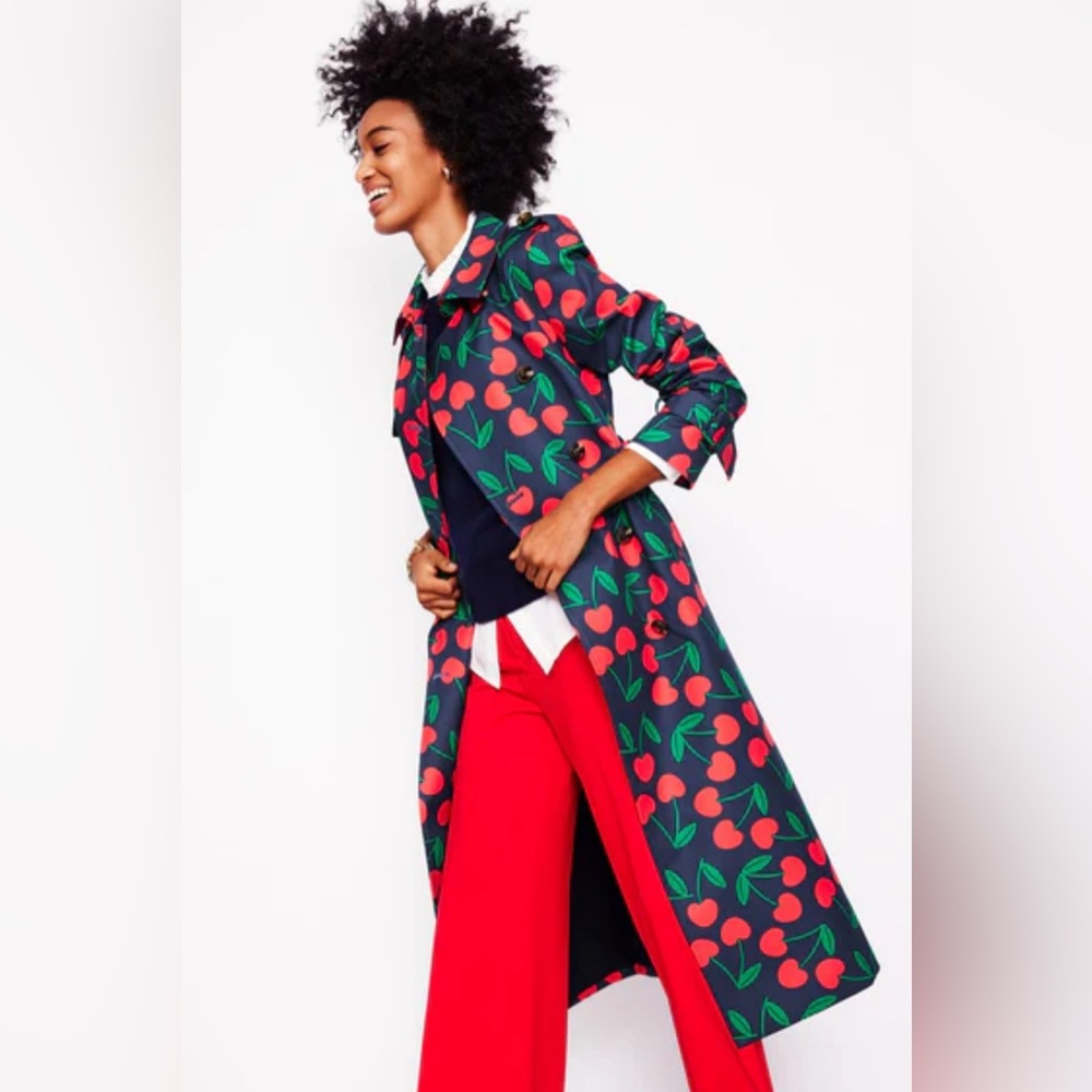 Boden Navy Trench Coat with Red Cherry Print